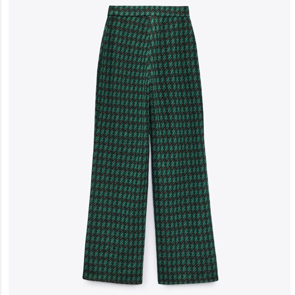 Zara Green Patterned Flared Jacquard Pants Size Medium - Picture 3 of 9